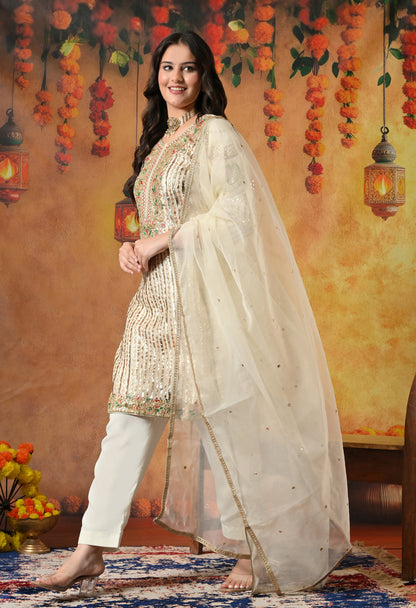 Golden Cream Kurta Set with Gotta, Thread, Zardozi, and Sequence Work
