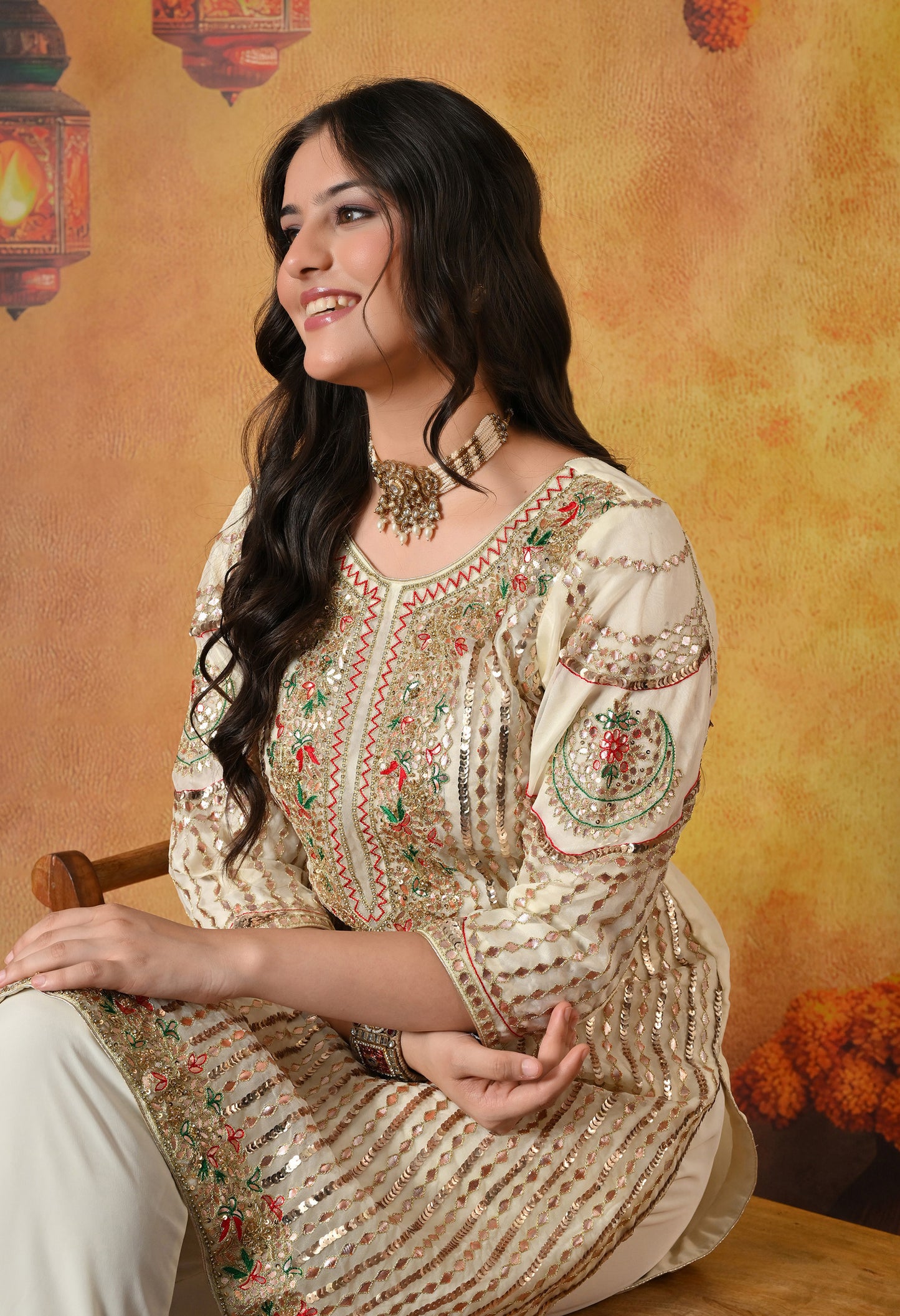 Golden Cream Kurta Set with Gotta, Thread, Zardozi, and Sequence Work
