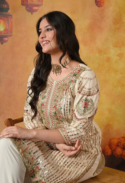 Golden Cream Kurta Set with Gotta, Thread, Zardozi, and Sequence Work