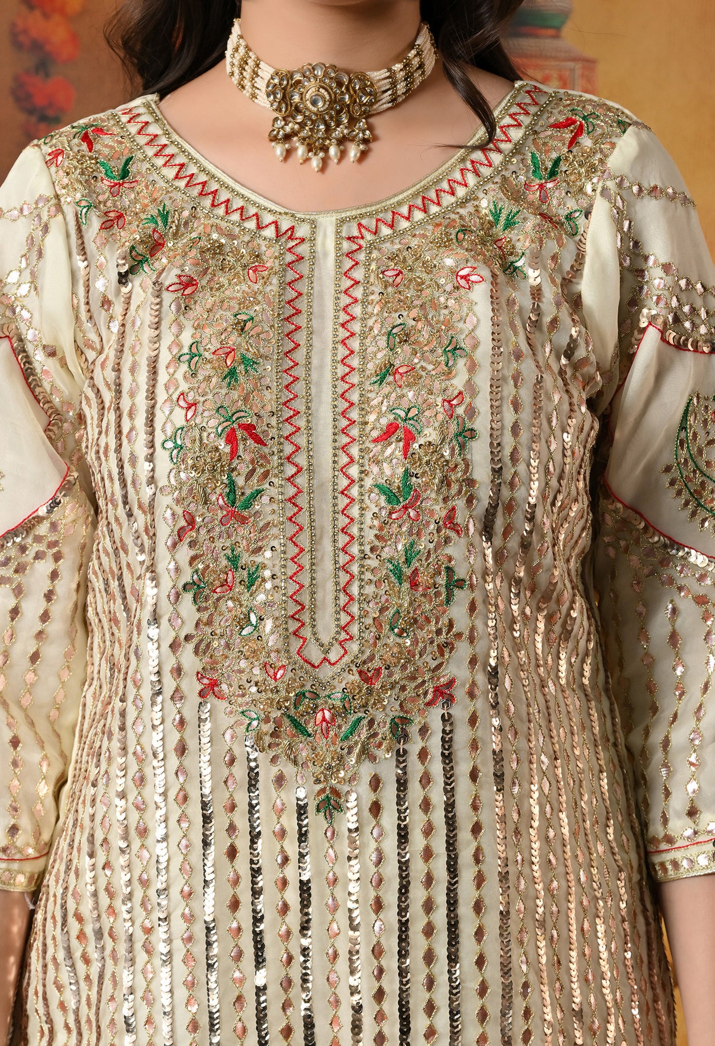 Golden Cream Kurta Set with Gotta, Thread, Zardozi, and Sequence Work