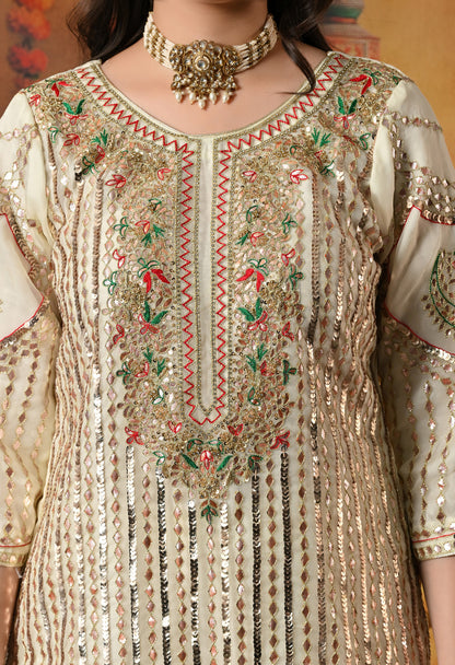 Golden Cream Kurta Set with Gotta, Thread, Zardozi, and Sequence Work