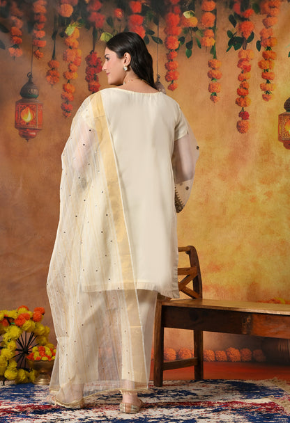 Cream Kurta Set with Zardozi, Crystal, Sequence and Pearl Work