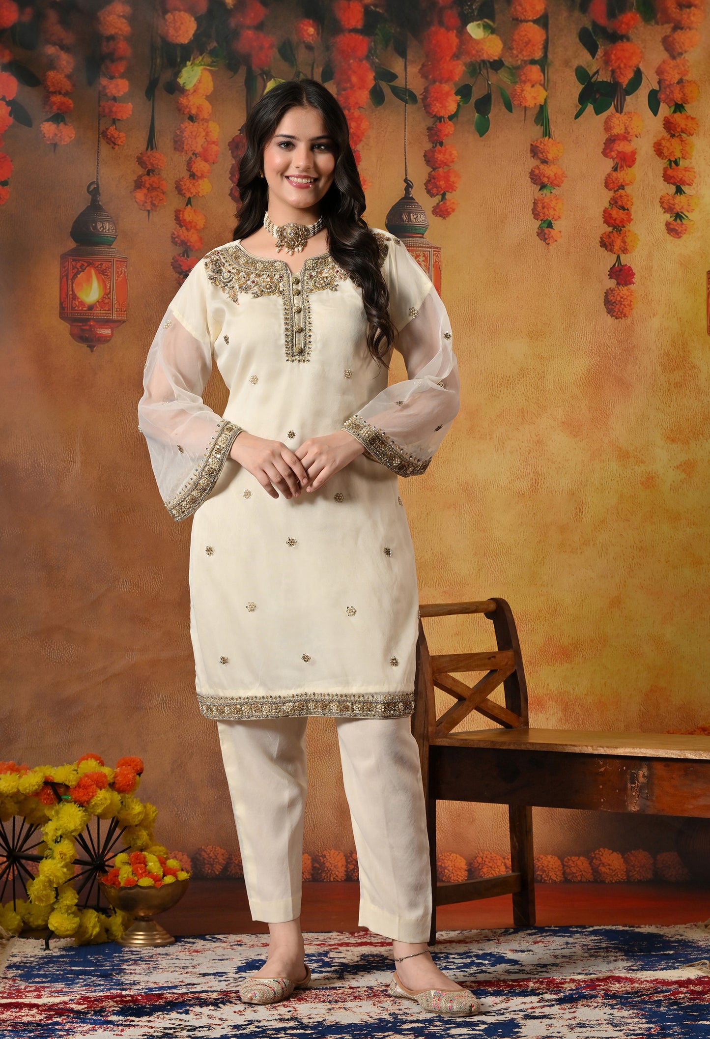 Cream Kurta Set with Zardozi, Crystal, Sequence and Pearl Work
