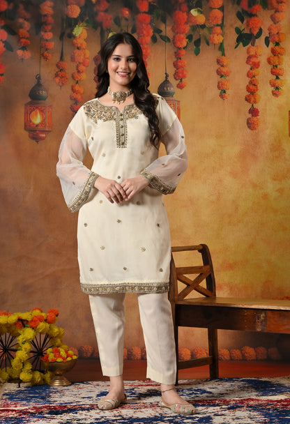 Cream Kurta Set with Zardozi, Crystal, Sequence and Pearl Work