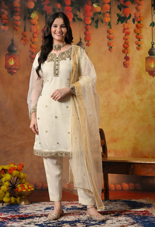 Cream Kurta Set with Zardozi, Crystal, Sequence and Pearl Work