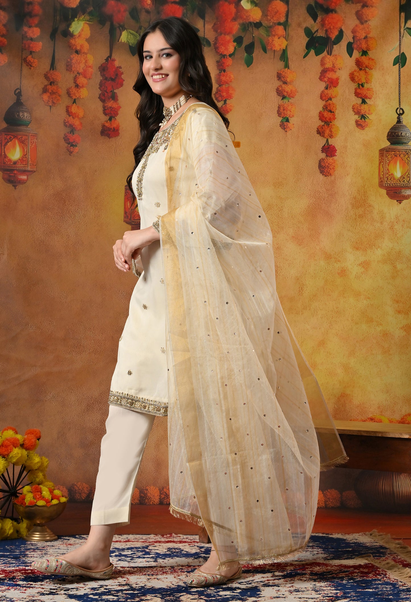 Cream Kurta Set with Zardozi, Crystal, Sequence and Pearl Work