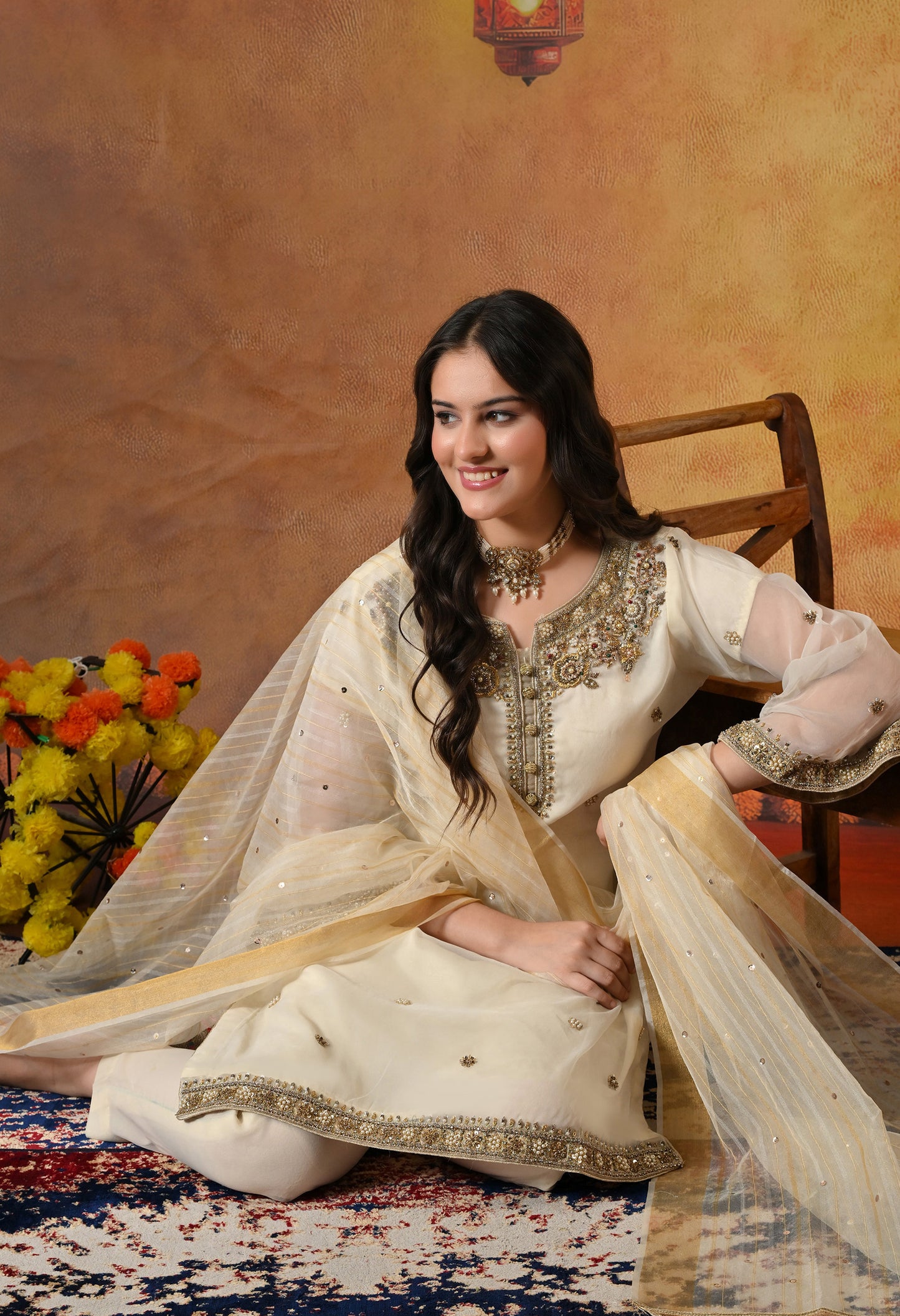 Cream Kurta Set with Zardozi, Crystal, Sequence and Pearl Work