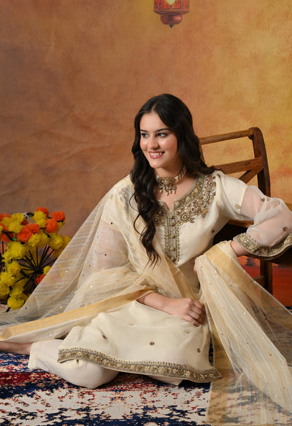 Cream Kurta Set with Zardozi, Crystal, Sequence and Pearl Work