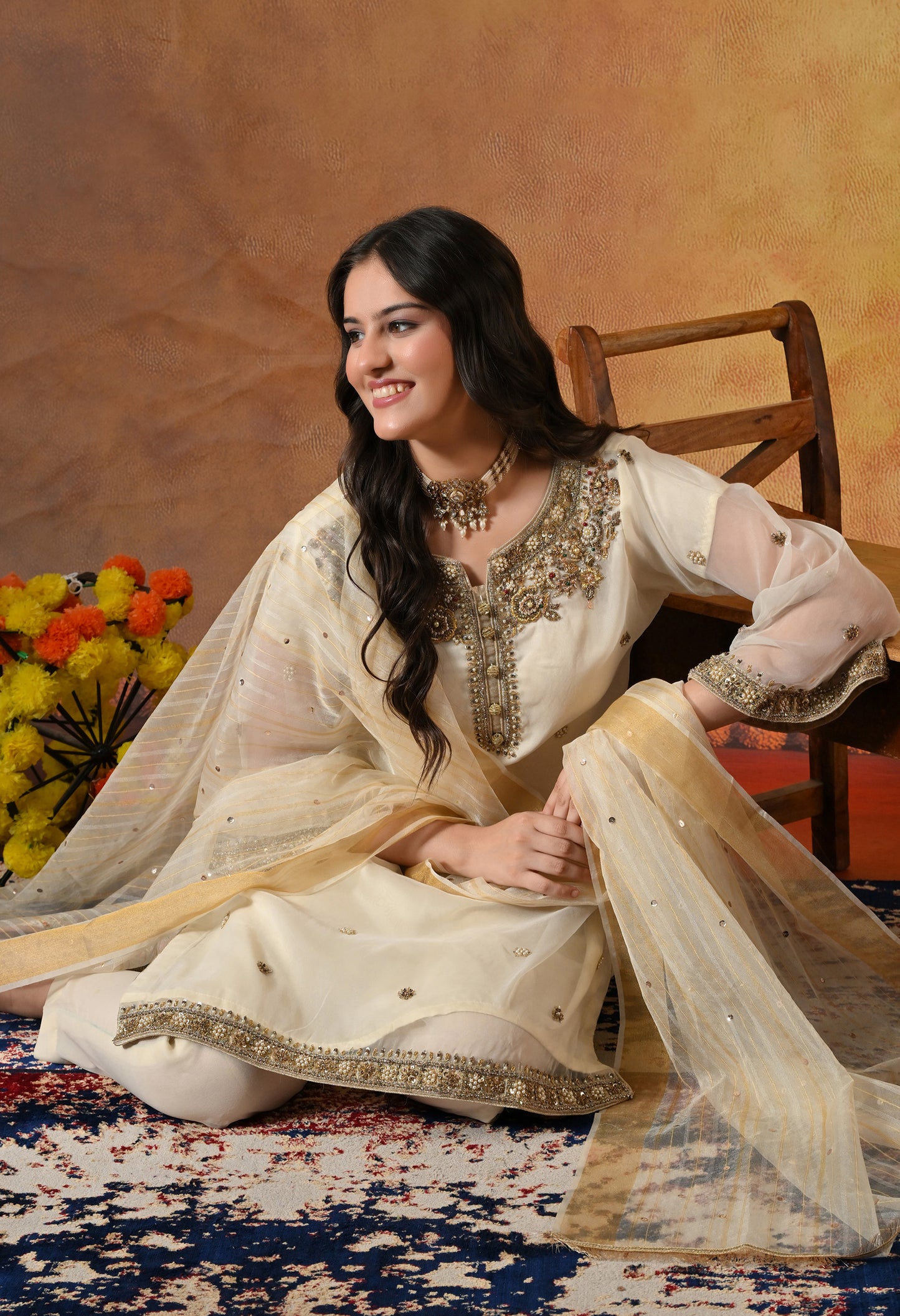 Cream Kurta Set with Zardozi, Crystal, Sequence and Pearl Work