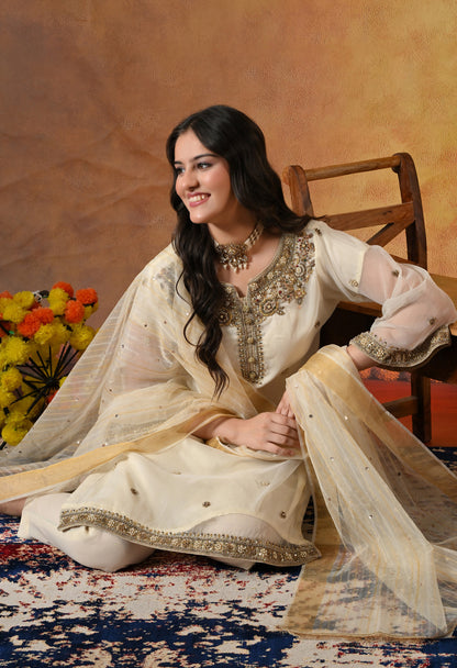Cream Kurta Set with Zardozi, Crystal, Sequence and Pearl Work