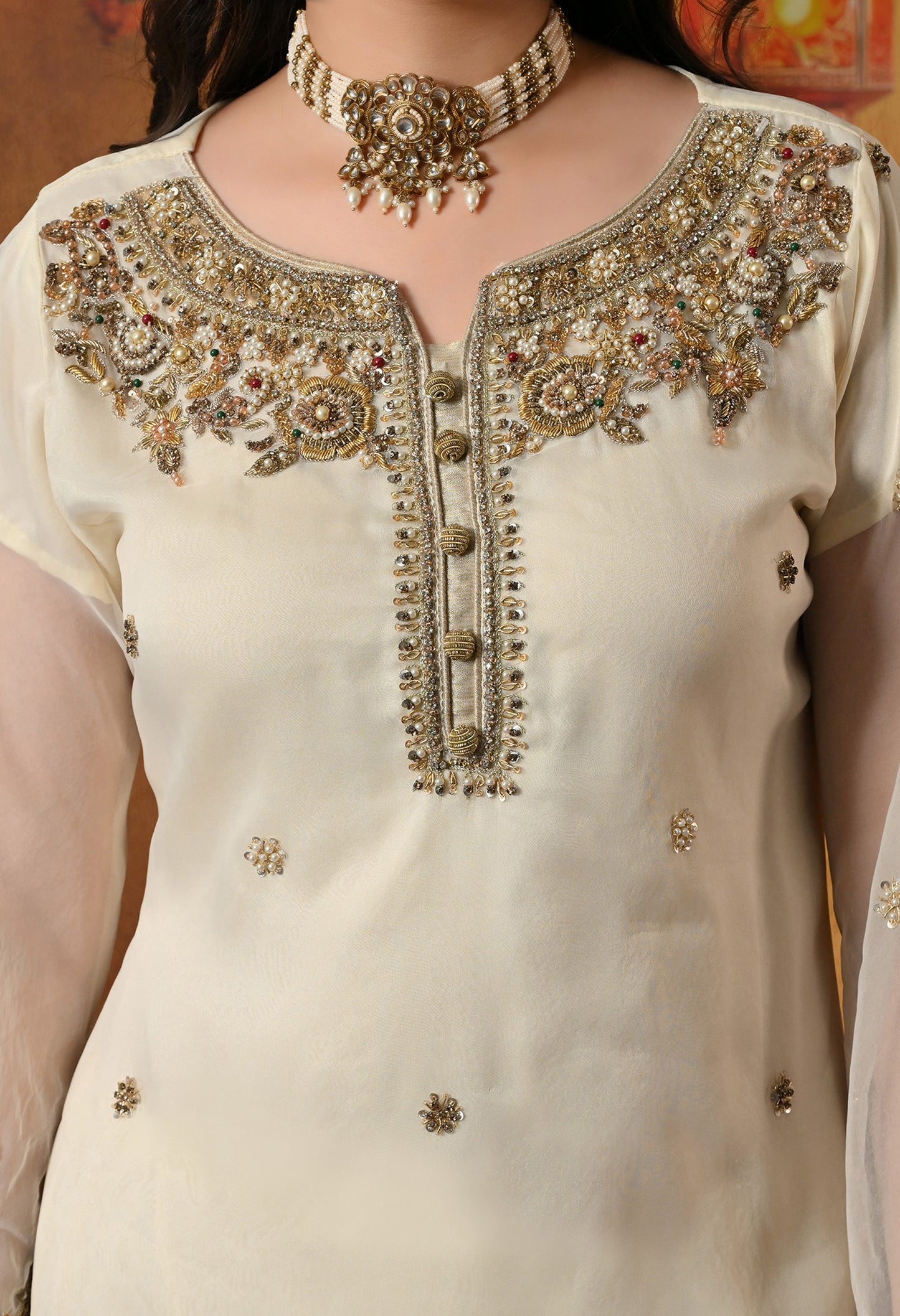 Cream Kurta Set with Zardozi, Crystal, Sequence and Pearl Work