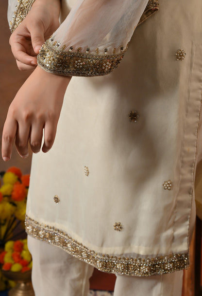 Cream Kurta Set with Zardozi, Crystal, Sequence and Pearl Work