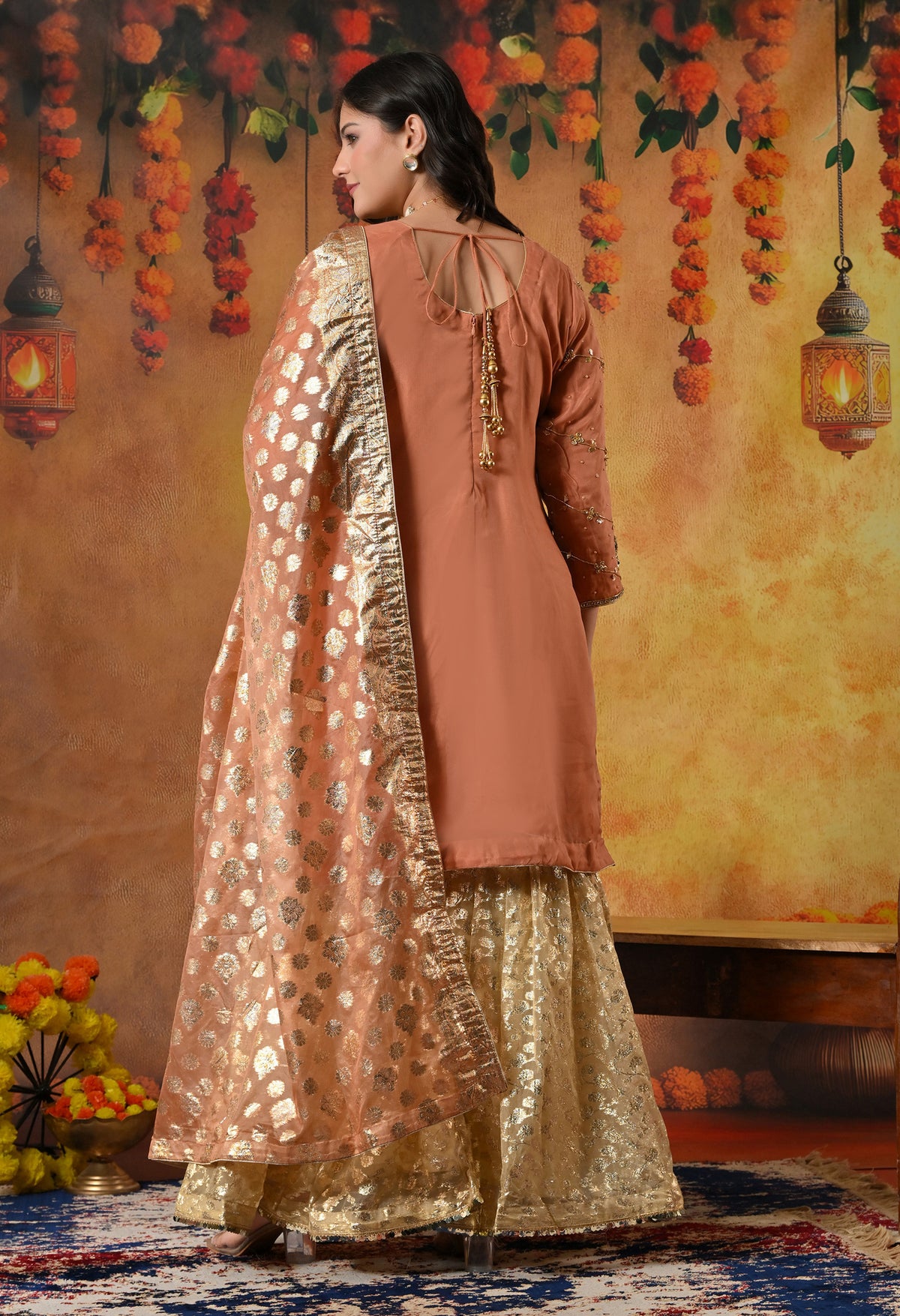 Dark Peach Gharara Set with Gotta, Pearl, and Zardozi Work
