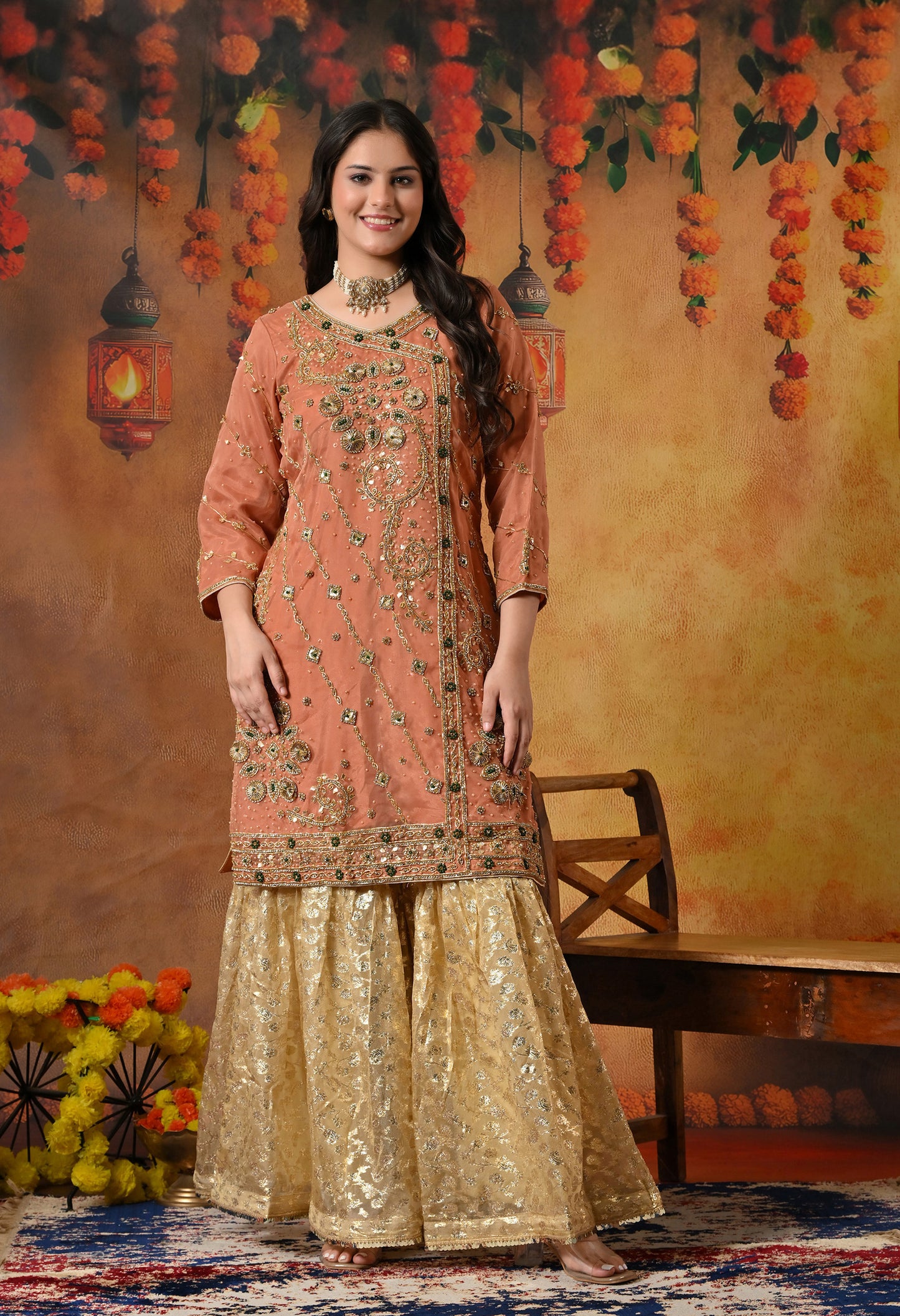 Dark Peach Gharara Set with Gotta, Pearl, and Zardozi Work
