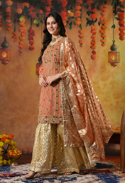 Dark Peach Gharara Set with Gotta, Pearl, and Zardozi Work