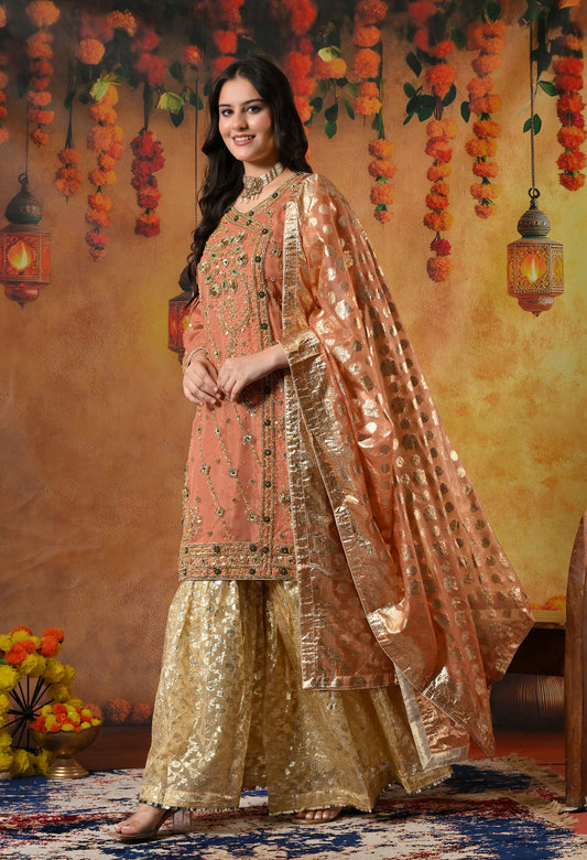 Dark Peach Gharara Set with Gotta, Pearl, and Zardozi Work