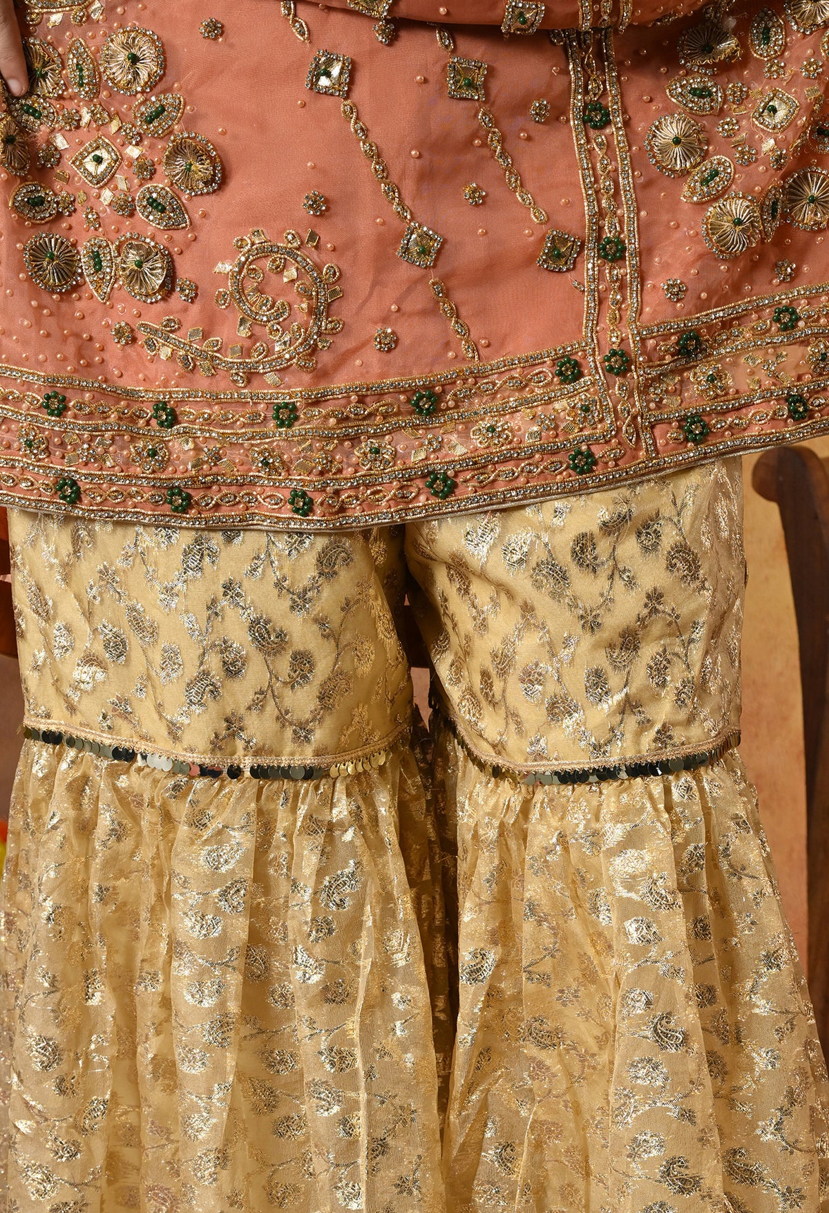 Dark Peach Gharara Set with Gotta, Pearl, and Zardozi Work