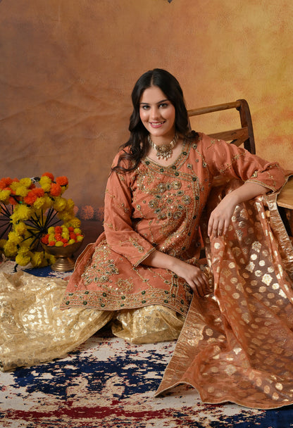 Dark Peach Gharara Set with Gotta, Pearl, and Zardozi Work