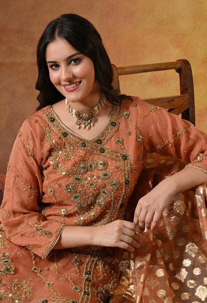 Dark Peach Gharara Set with Gotta, Pearl, and Zardozi Work