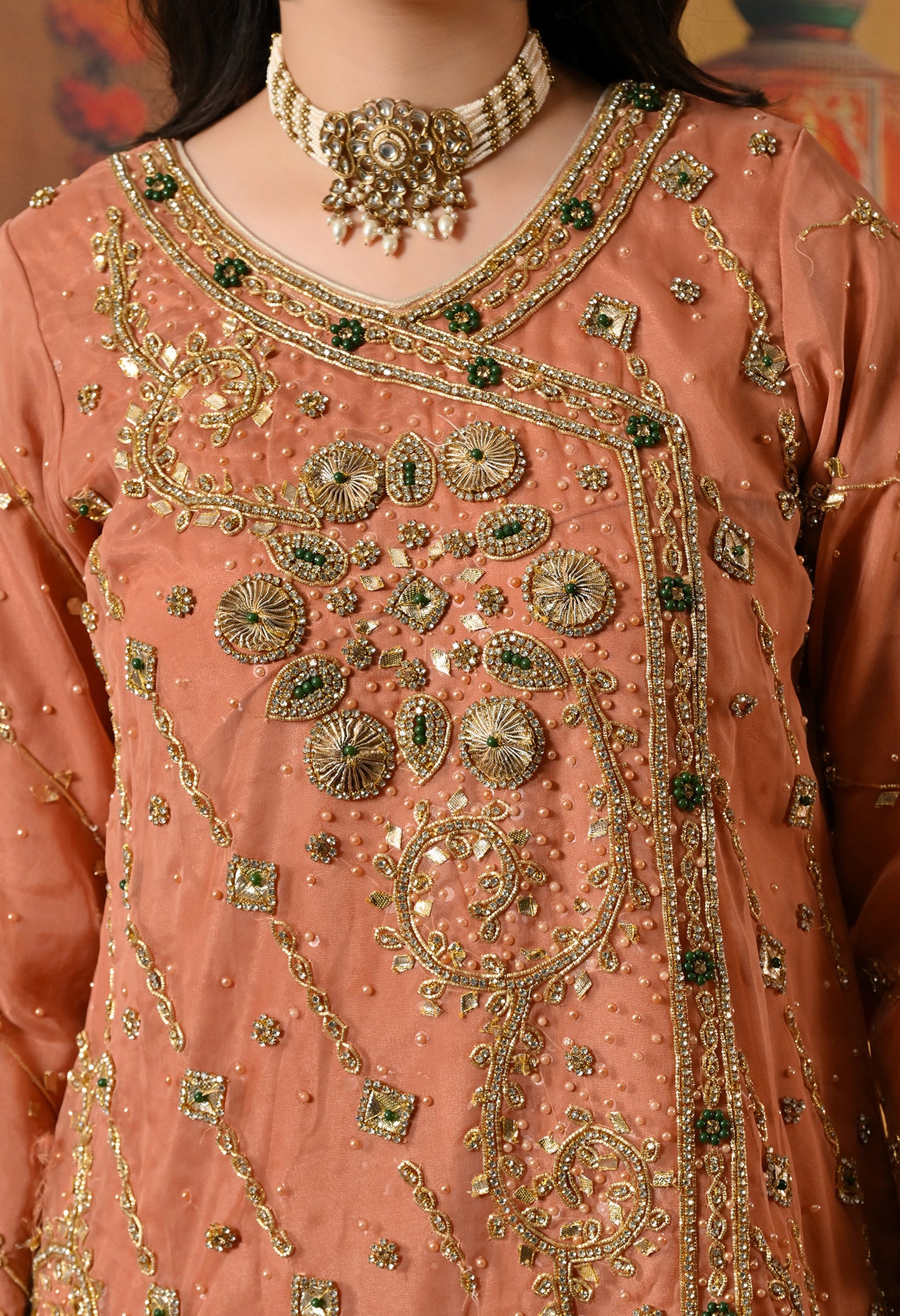 Dark Peach Gharara Set with Gotta, Pearl, and Zardozi Work