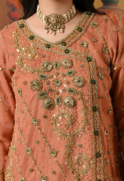 Dark Peach Gharara Set with Gotta, Pearl, and Zardozi Work