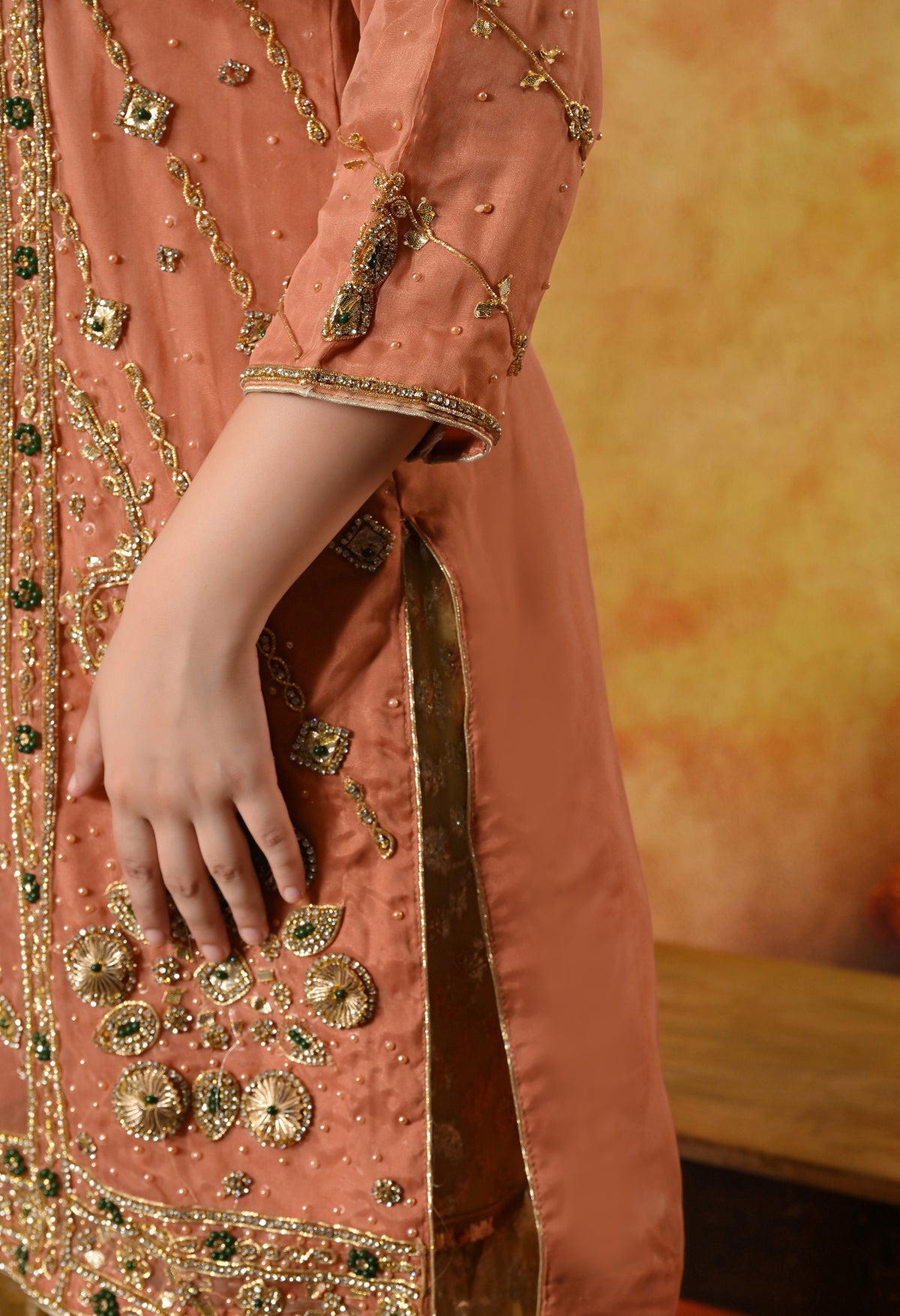 Dark Peach Gharara Set with Gotta, Pearl, and Zardozi Work