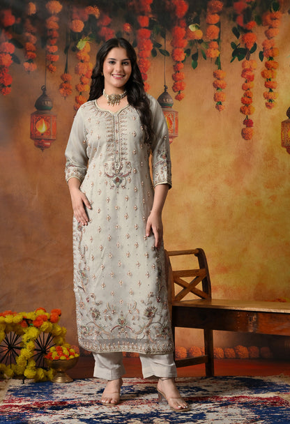 Light Grey Kurta Set with exquisite Zardozi Work