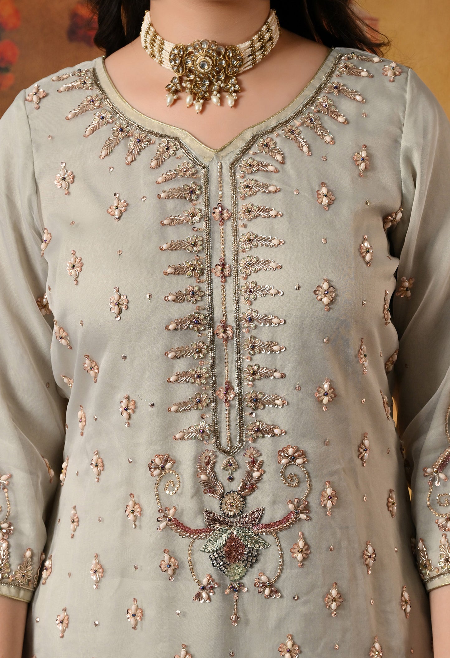 Light Grey Kurta Set with exquisite Zardozi Work