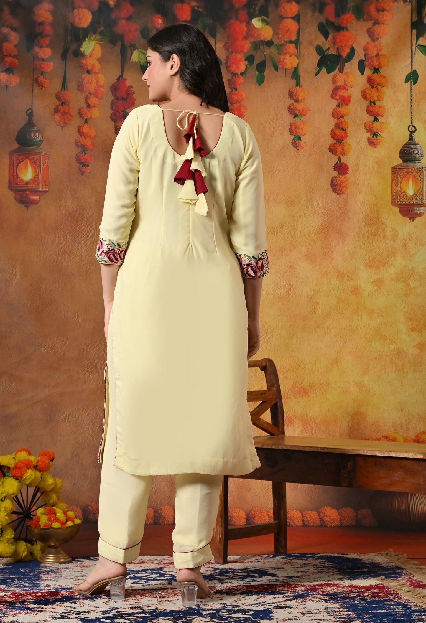Custard Yellow Kurta Set with Thread and Parsi Work