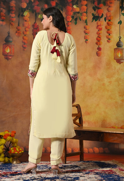 Custard Yellow Kurta Set with Thread and Parsi Work