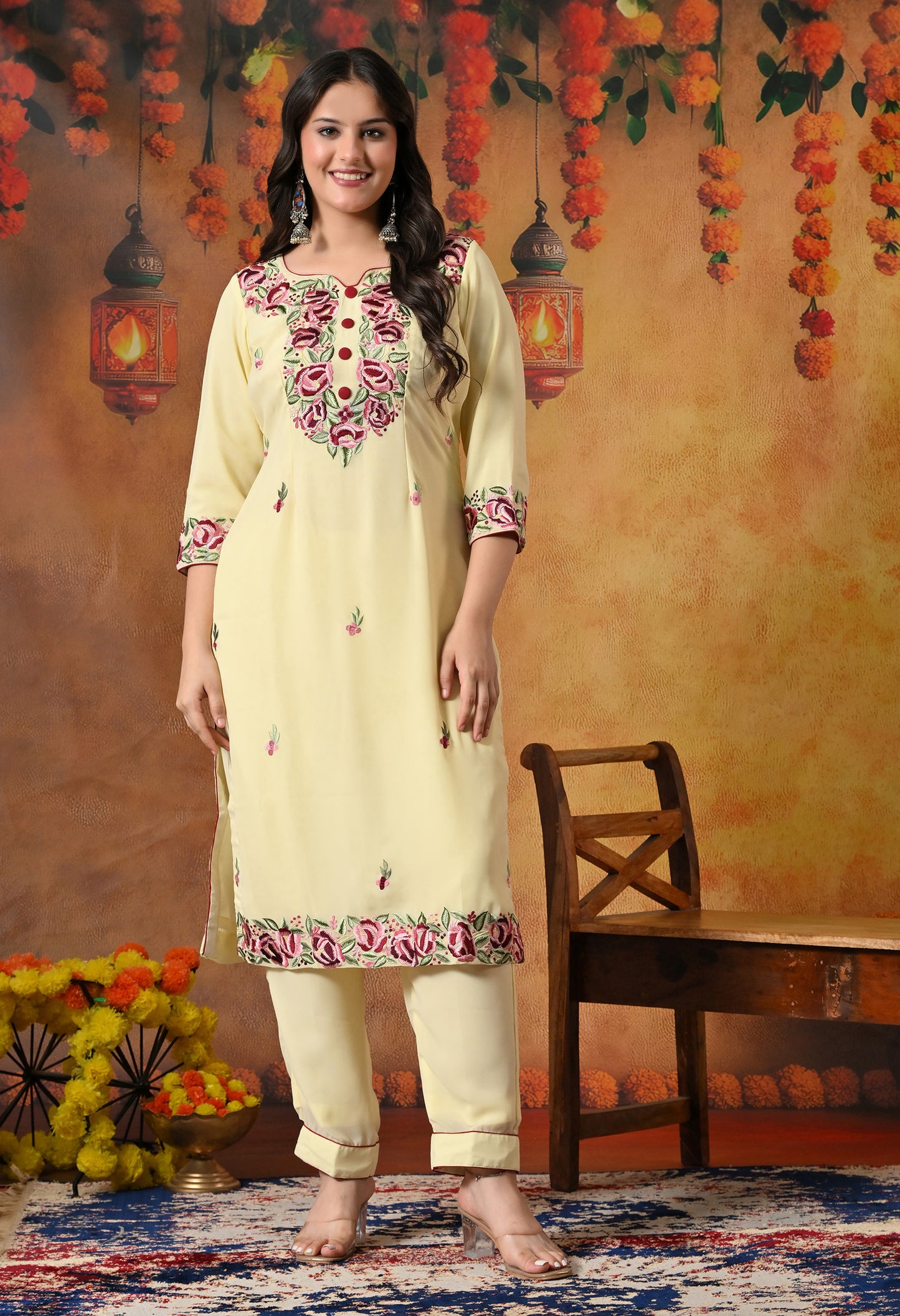 Custard Yellow Kurta Set with Thread and Parsi Work