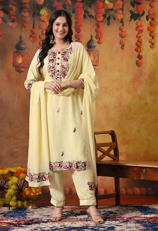 Custard Yellow Kurta Set with Thread and Parsi Work