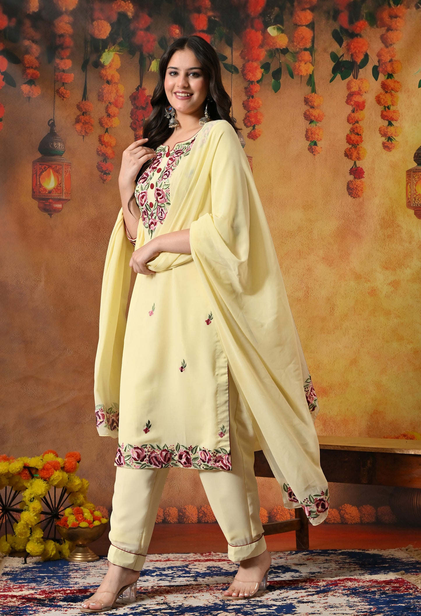 Custard Yellow Kurta Set with Thread and Parsi Work
