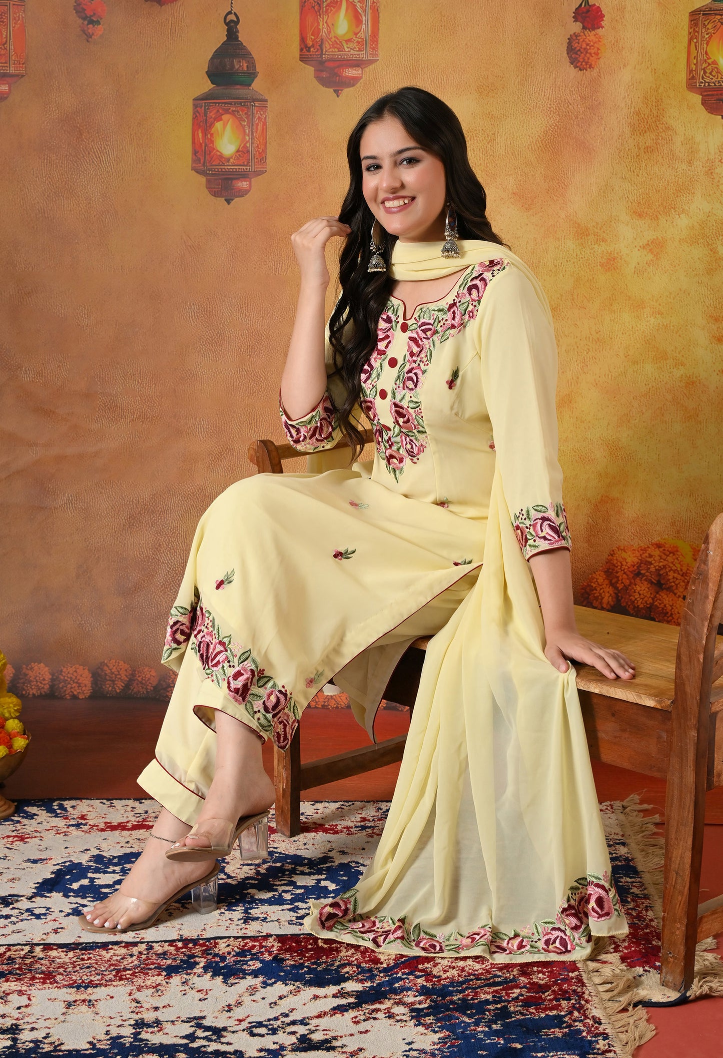 Custard Yellow Kurta Set with Thread and Parsi Work