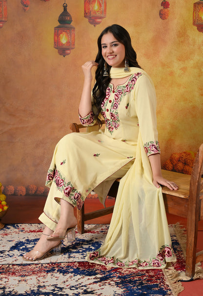 Custard Yellow Kurta Set with Thread and Parsi Work