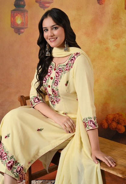 Custard Yellow Kurta Set with Thread and Parsi Work