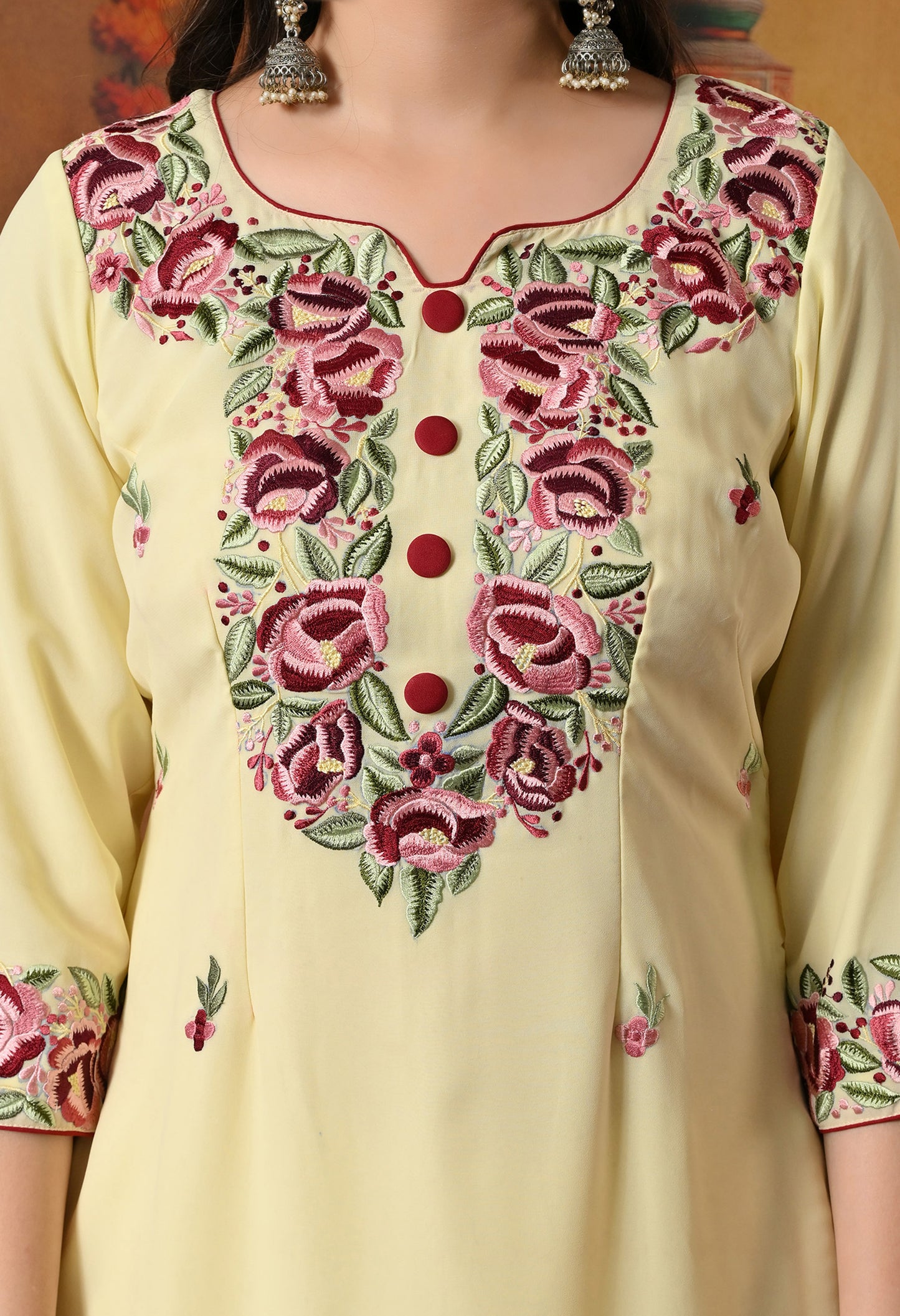 Custard Yellow Kurta Set with Thread and Parsi Work