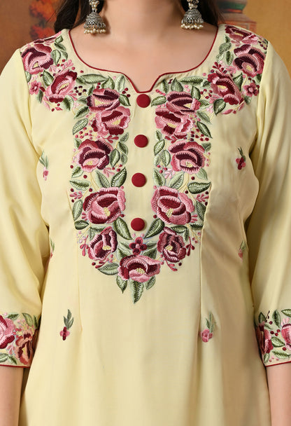 Custard Yellow Kurta Set with Thread and Parsi Work