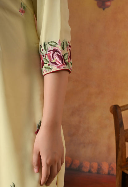 Custard Yellow Kurta Set with Thread and Parsi Work