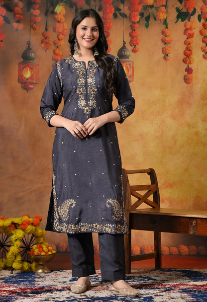 Subtle Dark Grey Kurta Set with Intricate Mukaish Work