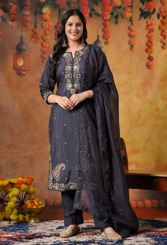 Subtle Dark Grey Kurta Set with Intricate Mukaish Work