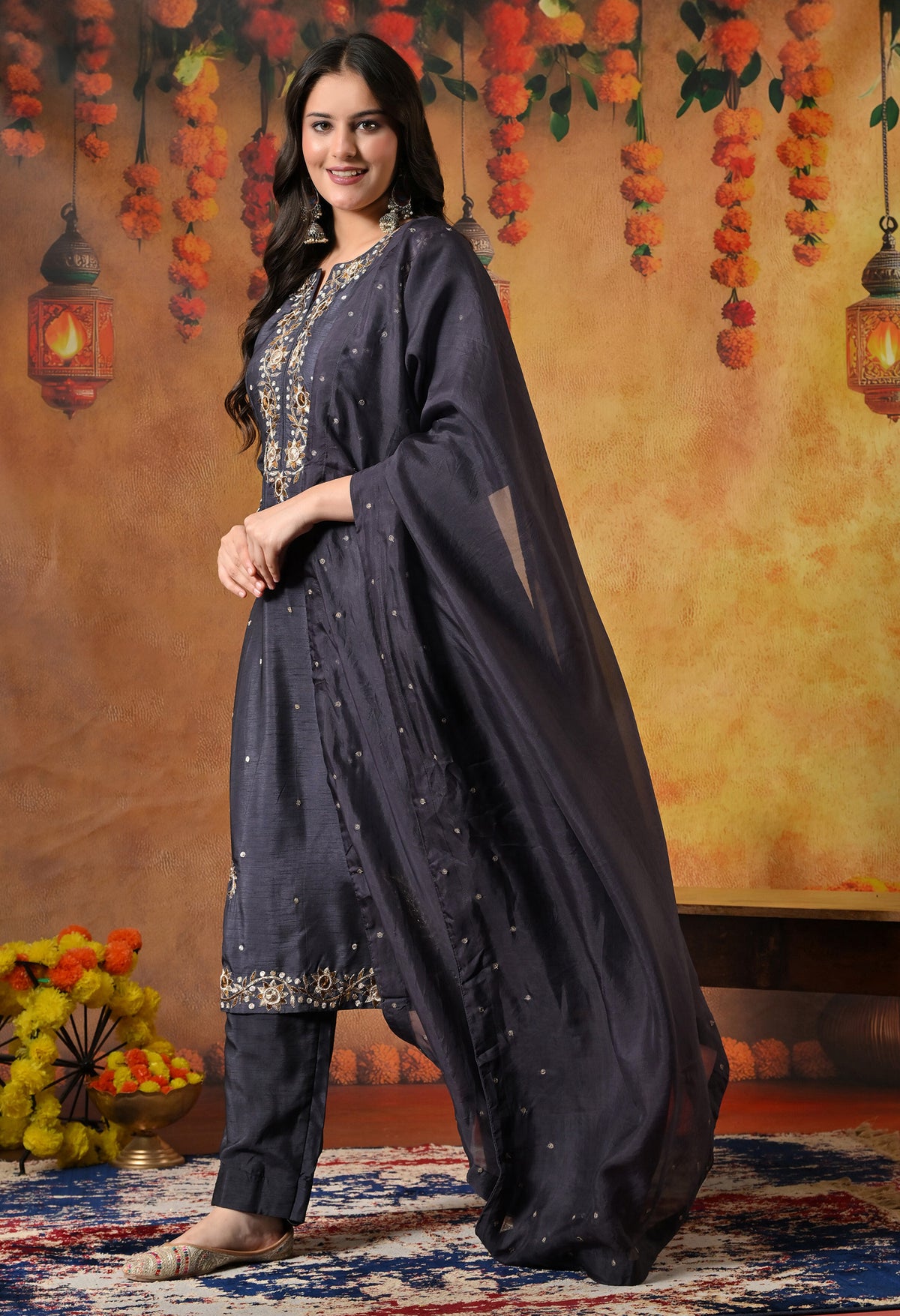 Subtle Dark Grey Kurta Set with Intricate Mukaish Work