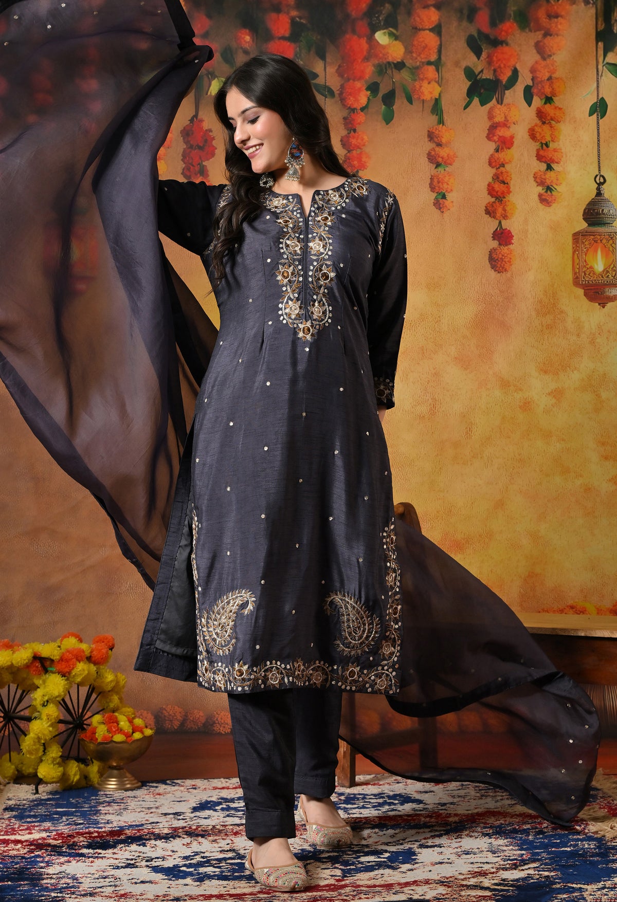 Subtle Dark Grey Kurta Set with Intricate Mukaish Work