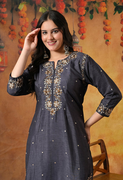 Subtle Dark Grey Kurta Set with Intricate Mukaish Work