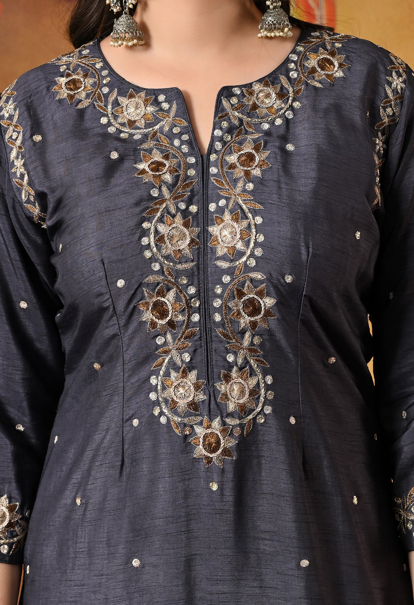 Subtle Dark Grey Kurta Set with Intricate Mukaish Work