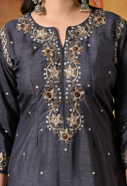 Subtle Dark Grey Kurta Set with Intricate Mukaish Work