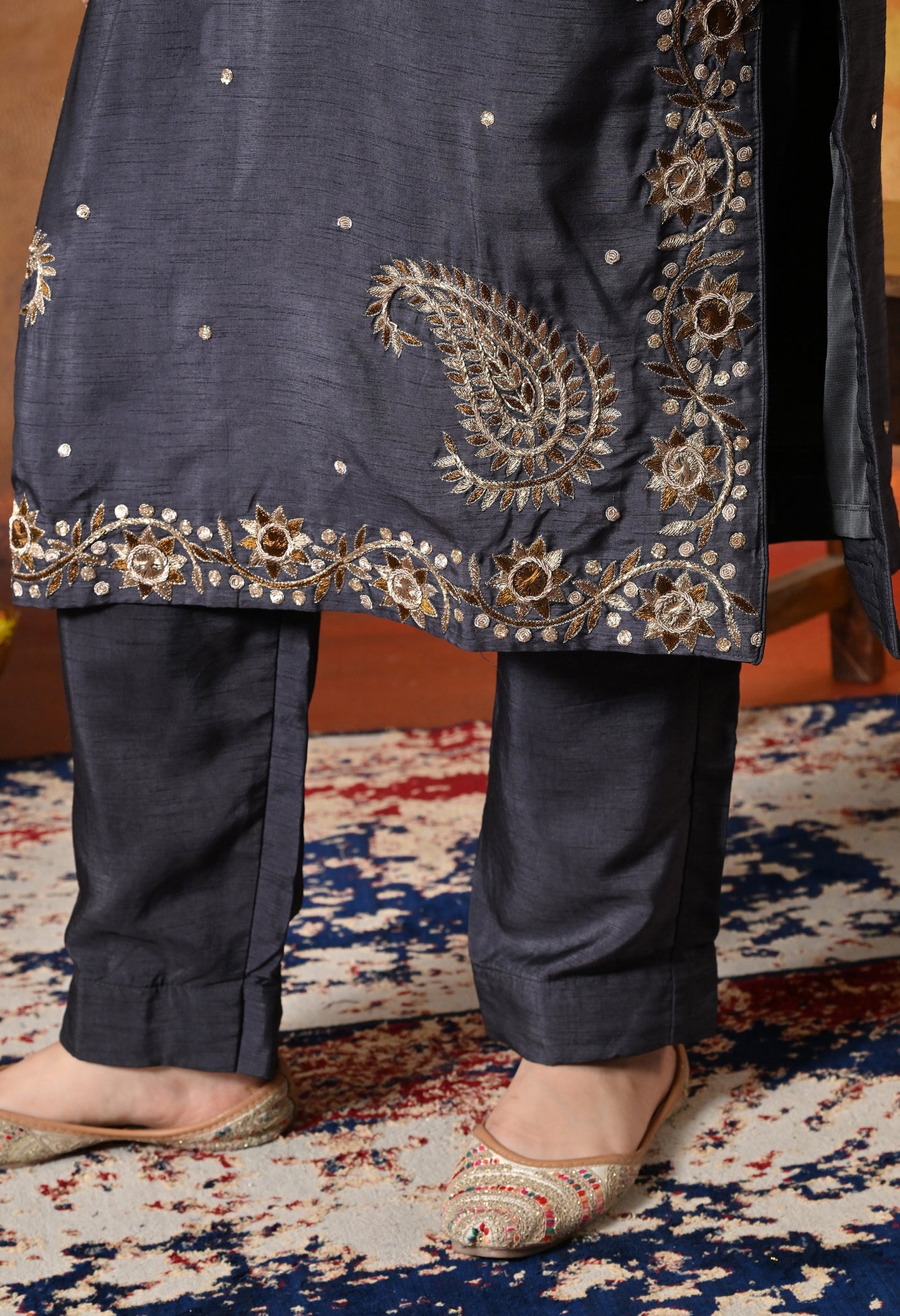 Subtle Dark Grey Kurta Set with Intricate Mukaish Work
