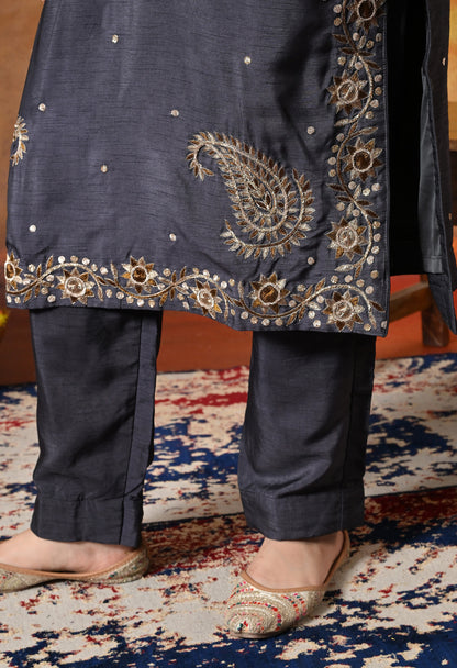 Subtle Dark Grey Kurta Set with Intricate Mukaish Work