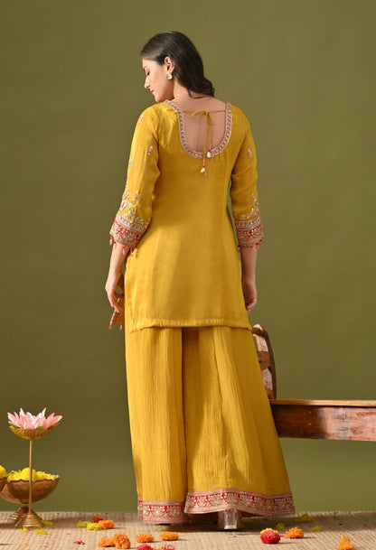 Yellow Sharara Set with Sequin, Pearl, Thread & Zardozi Work.