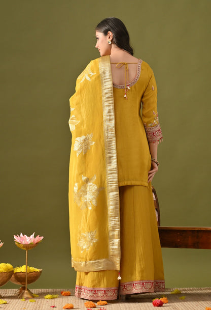 Yellow Sharara Set with Sequin, Pearl, Thread & Zardozi Work.